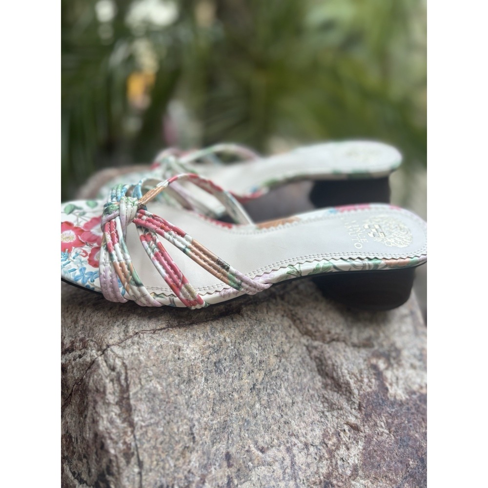 Vince‎ Cameo  6.5 Pastel Floral  Strappy  Block Heel Mule Sandals Braided Wood - Picture 4 of 14